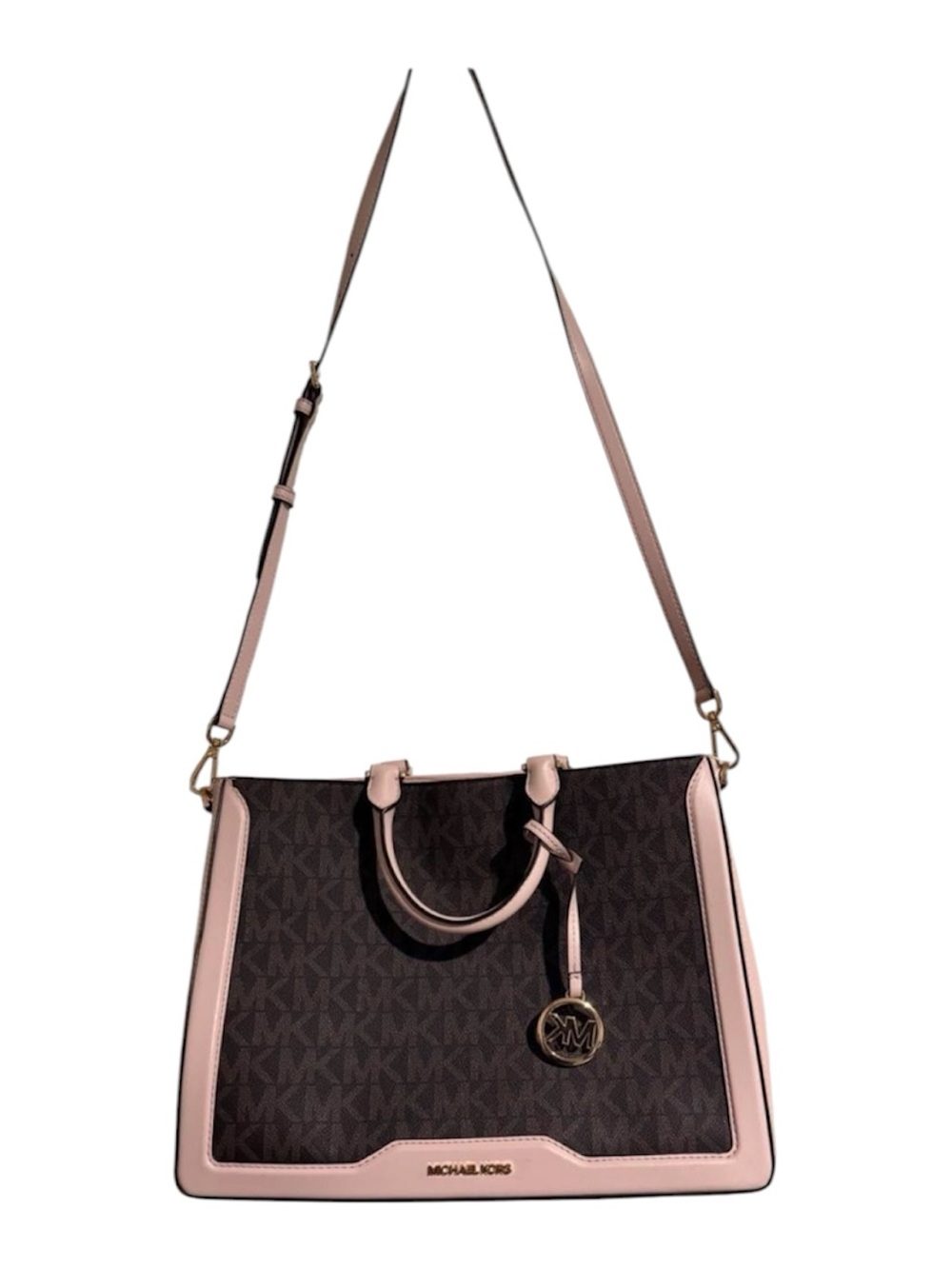 Michael Kors Brown Logo Satchel with Pink Trim